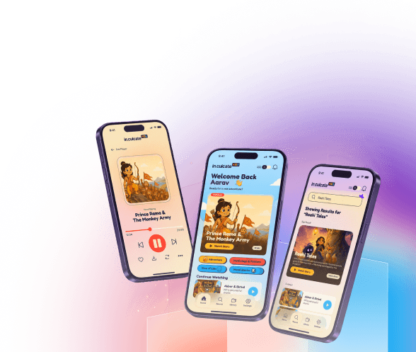 in.culcate Kids app screens on three phones
